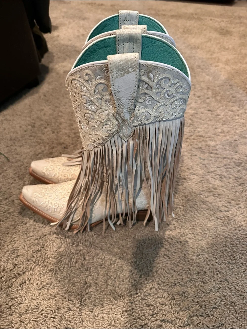 Corral white Embroidered Fringe Kids Western Boots with Teal Lining